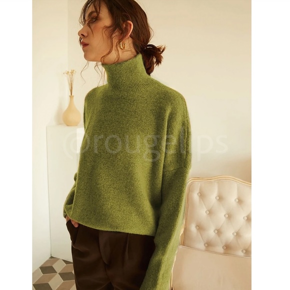 Olive Green Knit Turtleneck Pullover Sweater Long Sleeve Drop Shoulder - Picture 6 of 17